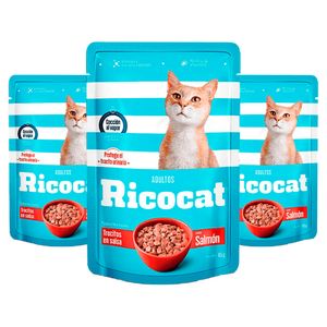 Comida Enlatada para Gatos Ricocat Adultos de Trocitos de Salsa Salmón 85g x3