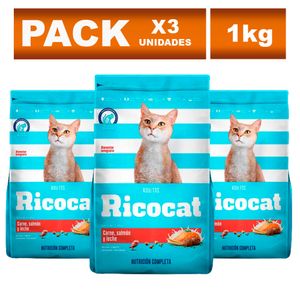 Comida para Gato Ricocat para Adulto de Carne Salmón y Leche 1kg x3