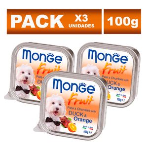 Pack Paté en Lata para Perros Adultos Monge Fruit Pato y Naranja 100g 3un