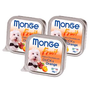 Pack Paté en Lata para Perros Adultos Monge Fruit Pato y Naranja 100g 3un