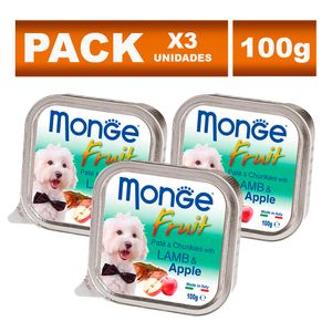 Pack Paté en Lata para Perros Adultos Monge Fruit Cordero y Manzana 100g 3un