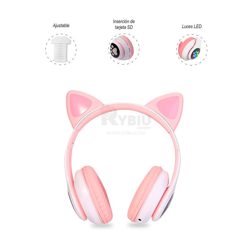 Audifono Bluetooth Inalambrico Tipo Gato Color Rosado Real Plaza