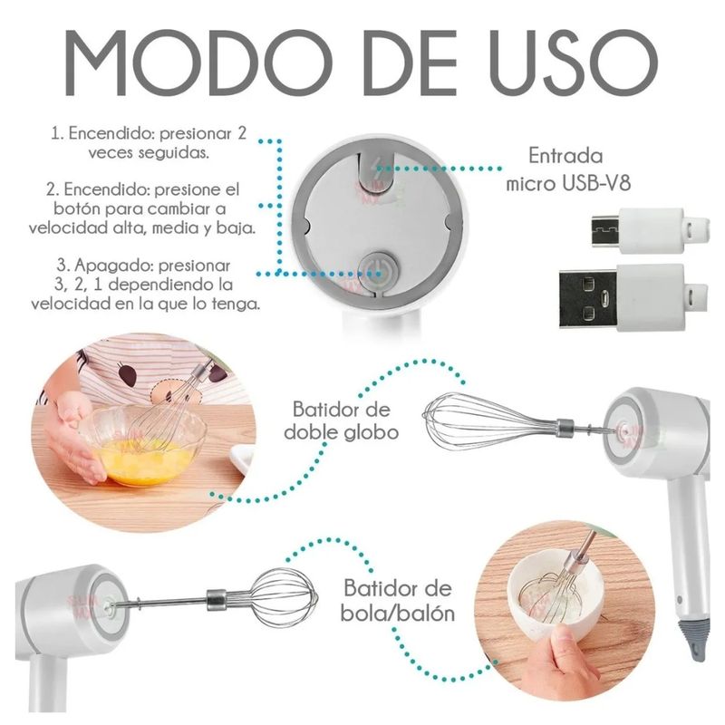 Batidora y Picadora Eléctrica Mezclador Recargable Usb 2en1