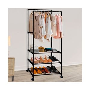 Perchero Colgador Zapatero Estante Ropa Doble 3 Niveles Con Ruedas Negro