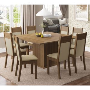 Conjunto Comedor Madesa Panamá Mesa Tapa Madera con 8 Sillas - Marrón/Crema/Perla