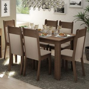 Conjunto Comedor Madesa Jaíne Mesa Tapa Madera con 6 Sillas Marrón/Crema/Perla