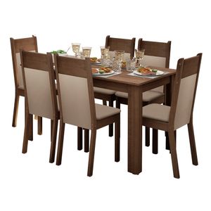 Conjunto Comedor Madesa Jaíne Mesa Tapa Madera con 6 Sillas Marrón/Crema/Perla