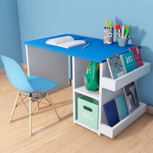Escritorio Montessori + Silla Wonder Wood Muebleria con 2 compartimientos y 2 portacuentos Azul