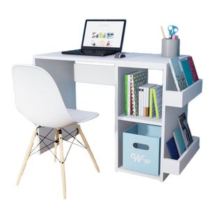 Escritorio Harvey Wonder Wood Muebleria con 2 compartimientos y 2 portalibros Blanco + Silla