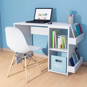 Escritorio Harvey Wonder Wood Muebleria con 2 compartimientos y 2 portalibros Blanco + Silla