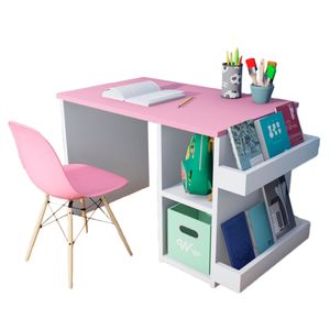 Escritorio Montessori + Silla Wonder Wood Muebleria con 2 compartimientos y 2 portacuentos Rosado