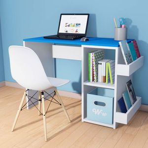 Escritorio Harvey Wonder Wood Muebleria con 2 compartimientos y 2 portalibros Blanco/Azul + Silla