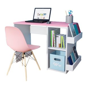 Escritorio Harvey Wonder Wood Muebleria con 2 compartimientos y 2 portalibros Blanco/Rosado + Silla