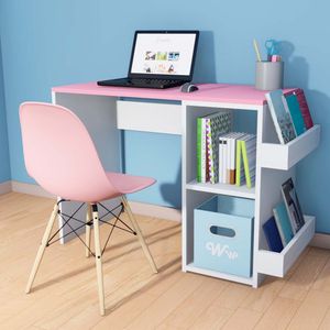Escritorio Harvey Wonder Wood Muebleria con 2 compartimientos y 2 portalibros Blanco/Rosado + Silla