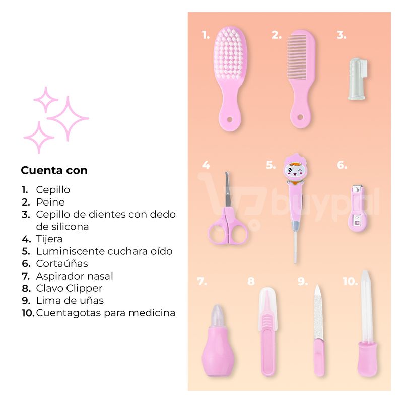 Set Higiene 10 Piezas Cuidado Manicure Bebe Multifuncional Set Bebes Rosa