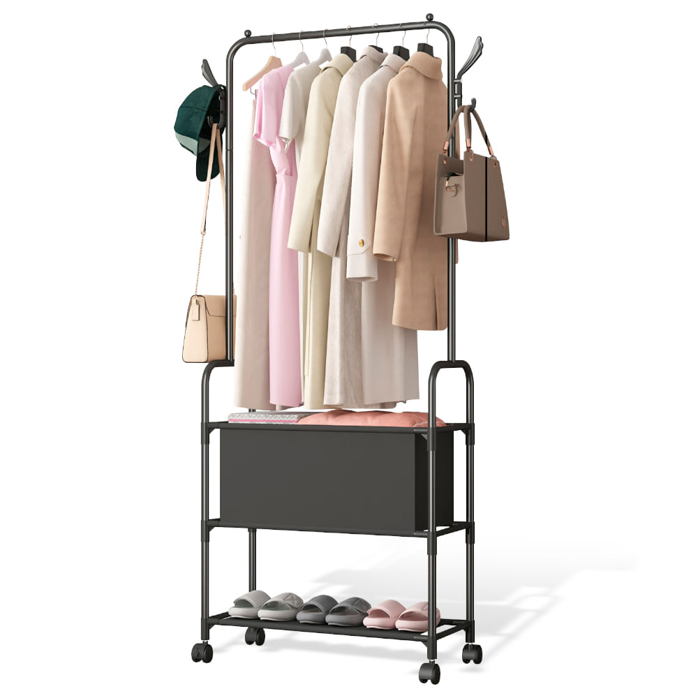 Perchero Móvil Organizador Para Ropa Rack Con Zapatera y Ruedas Giratorias  Color Negro Practiksa Rack Negro