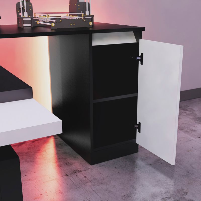 Escritorio Gamer en L NR 03 167x155cm 1 Puerta Movenda Negro/ Blanco