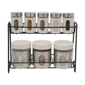 Set 8 Especieros Vidrio con Cubierta de Acero Inoxidable con Rack 2 Niveles