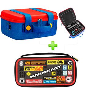 Pack Maleta para Nintendo Switch y Oled RojoAzul y Estuche Mario Kart