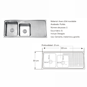 Lavadero para cocina acero 2 pozas con escurridor 120 x50 cm