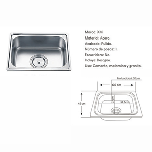 Lavadora para cocina acero 1 poza 60x45 cm