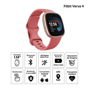 Smartwatch Fitbit Versa 4, Amoled, 5ATM resistente al agua, SPo2, máx de 6 días, 1.58", rosado