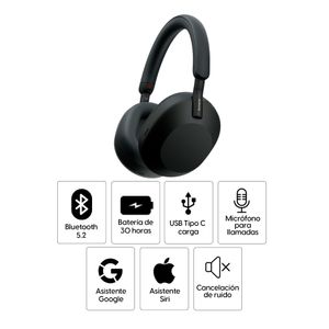 Audífonos con cancelación de ruido Sony WH-1000XM5 micrófono incorporado, máx. 30 horas, control de música y llamadas, negro