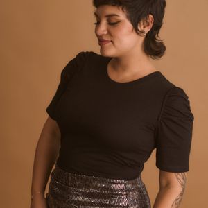 Polo de Algodón para Mujer Barda Cristal con Mangas Recogidas Color Negro