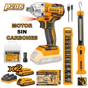 Combo Llave de Impacto 20V Ingco + Lámpara Magnética + Set Dados de Impacto + Puntillas Atornillador
