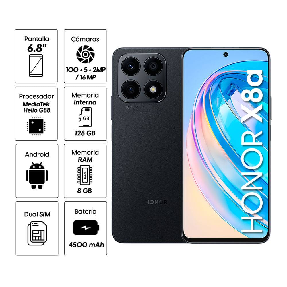 Celular Honor X8A 256GB, 8GB RAM, Camara Posterior 100MP, Camara frontal  16MP, Pantalla 6.7 pulgadas + Mediatek Helio G88 HONOR