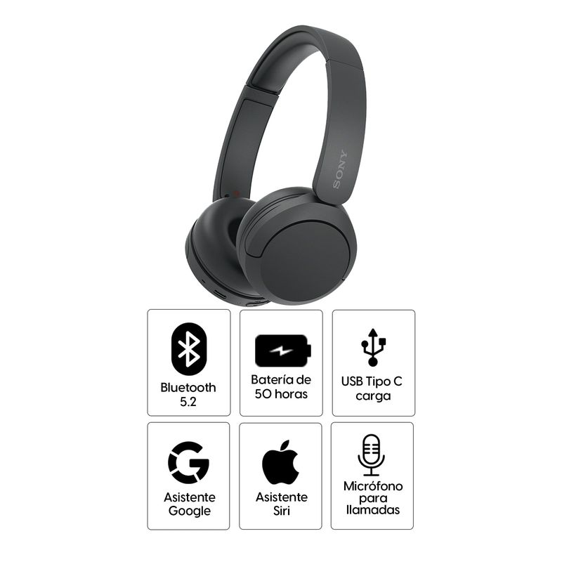 Audífonos bluetooth on ear Sony WH-CH520 micrófono incorporado, máx. 50  horas, control de música y llamadas, negro - Real Plaza
