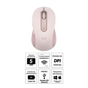 Mouse inalámbrico Logitech Signature M650 receptor USB/bluetooth, 4000 dpi, 5 botones, usa pila, rosa