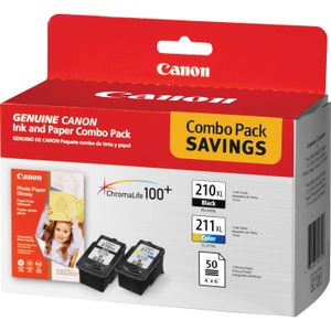 Combo Pack de Tinta y Papel Canon Pg 210Xl Negro y Cl 211Xl Color