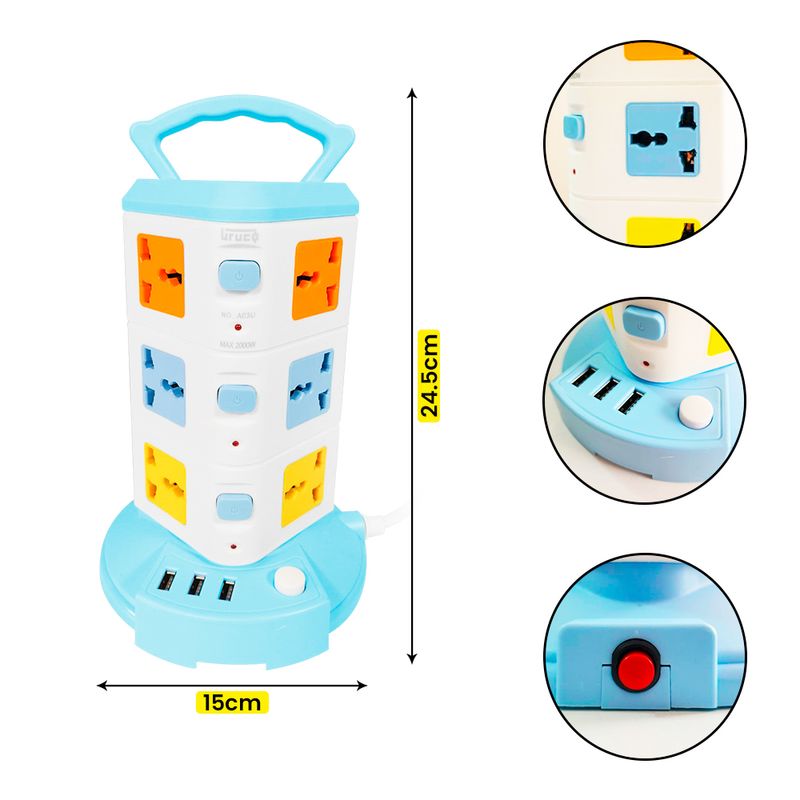 Torre de Enchufes con Capacidad de 12 Enchufes y 3 USB