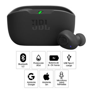 Audífonos bluetooth True Wireless JBL Wave Buds resistente al agua IP54, duración máx. 8 horas, control de música y llamadas, negro