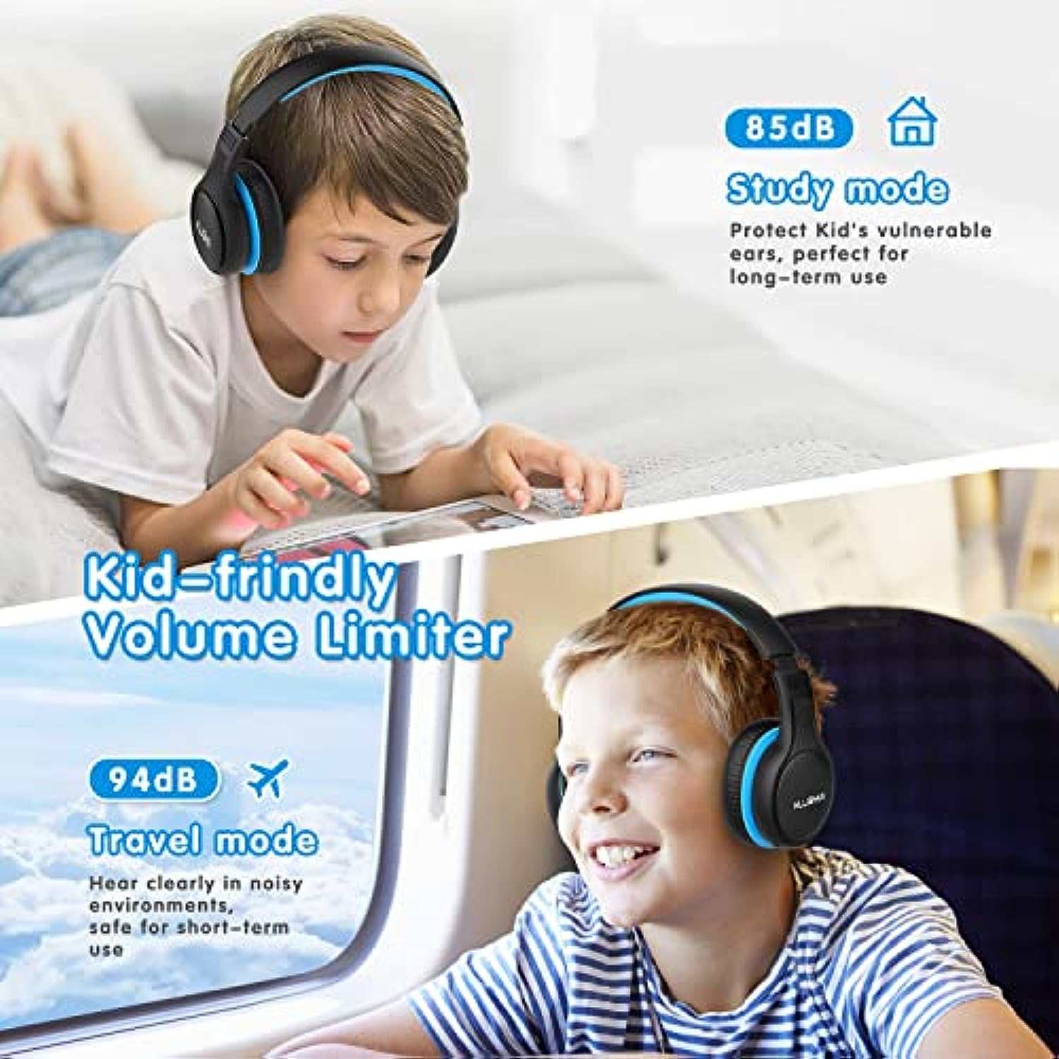 Auriculares Bluetooth para niños, 85/94 dB de volumen limitado para niños,  audífonos sobre la oreja para niños pequeños con micrófono integrado