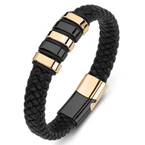 Pulsera Hombre Acero Inoxidable Dorado y Cuero Negro Elegante