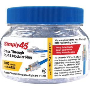 Modular Plug Rj45 Pass Through sin Blindaje Simply45 Cat 5E Utp Frasco de 100 Unidades