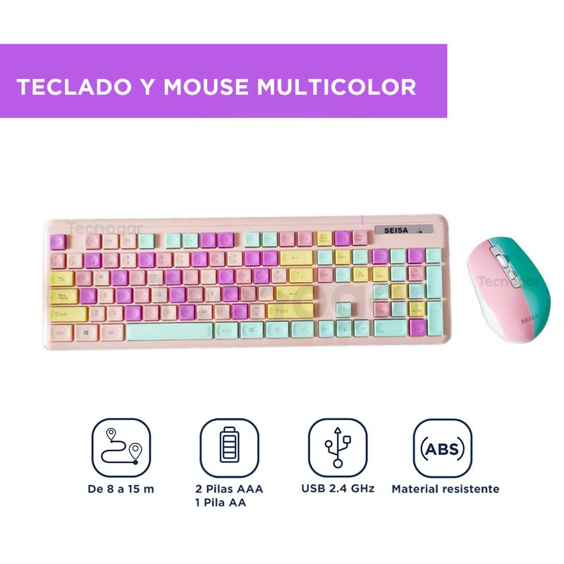 Kit Teclado y Mouse Inalambrico Rosado Multicolor para PC DN C400 Real Plaza