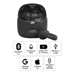 Audífonos bluetooth True Wireless JBL Tune Flex resistente al agua IPX4, duración máx. 8 horas, cancelación de ruido, negro