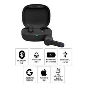 Audífonos bluetooth True Wireless JBL Wave Flex resistente al agua IP54, duración máx. 8 horas, control de música y llamadas, negro