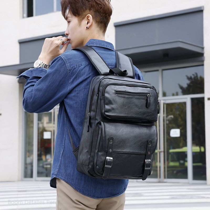 Mochila de Cuero para Hombre con Porta Laptop Moda Negro Real