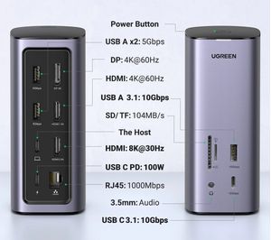 Docking Ugreen USB-C Triple Display 2 HDMI DP 8K, 10 Gbps USB-C Audio PD 100W CM555 - 90325