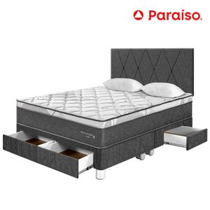 Dormitorio PARAISO Pocket Star C/Cajones Queen + Cabecera Loft Charcoal + 2 Almohadas + 1 Protector