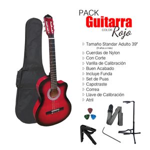 Pack Guitarra Acústica Nylon Rojo