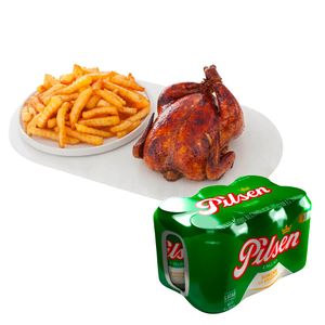 Pack Pollo Rostizado + Papas Fritas + Cerveza PILSEN 6 Pack Lata 355ml
