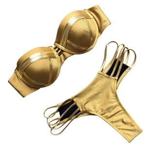 Bikini Ropa de Baño Dorado Genieka Sexy Brazilian Push Up