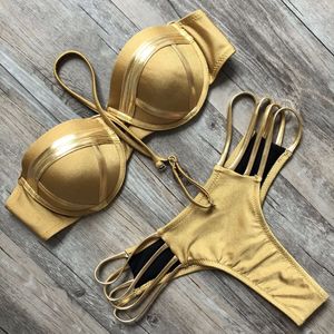 Bikini Ropa de Baño Dorado Genieka Sexy Brazilian Push Up