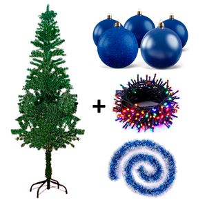 Árbol de Navidad 1.8 Verde Guirnaldas y Bolas Azules con Luces Multi