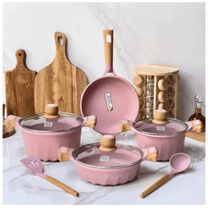 Juego de Olla Roca Volcánica MGC Anti adherente 9pzas Color Rosa